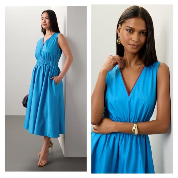 ROKSANDA COLLECTIVE Dress Blue Midi Size 12 Sleeveless Cotton V-Neck Casual EUC - Picture 3 of 16
